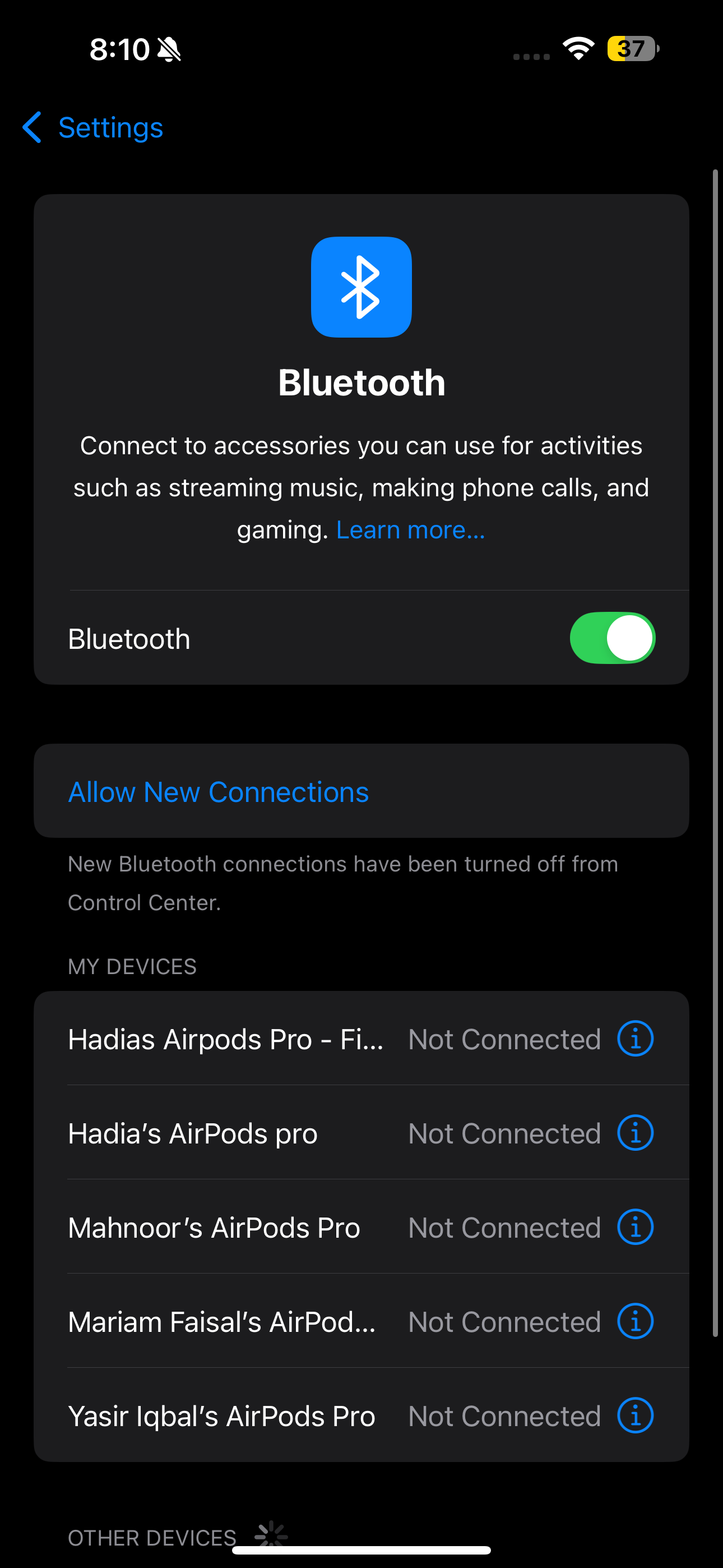 قسم Bluetooth في تطبيق إعدادات iOS