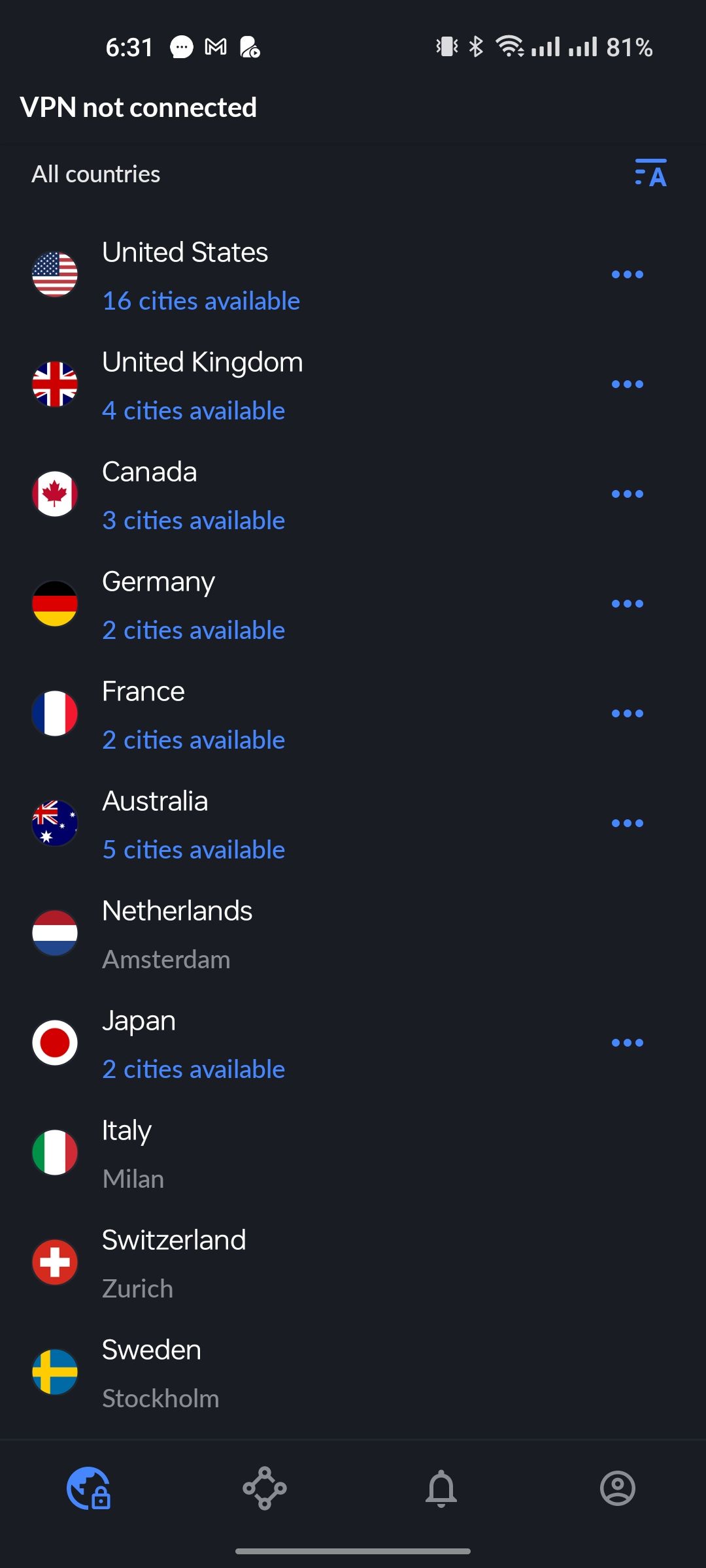 قائمة البلدان في NORDVPN