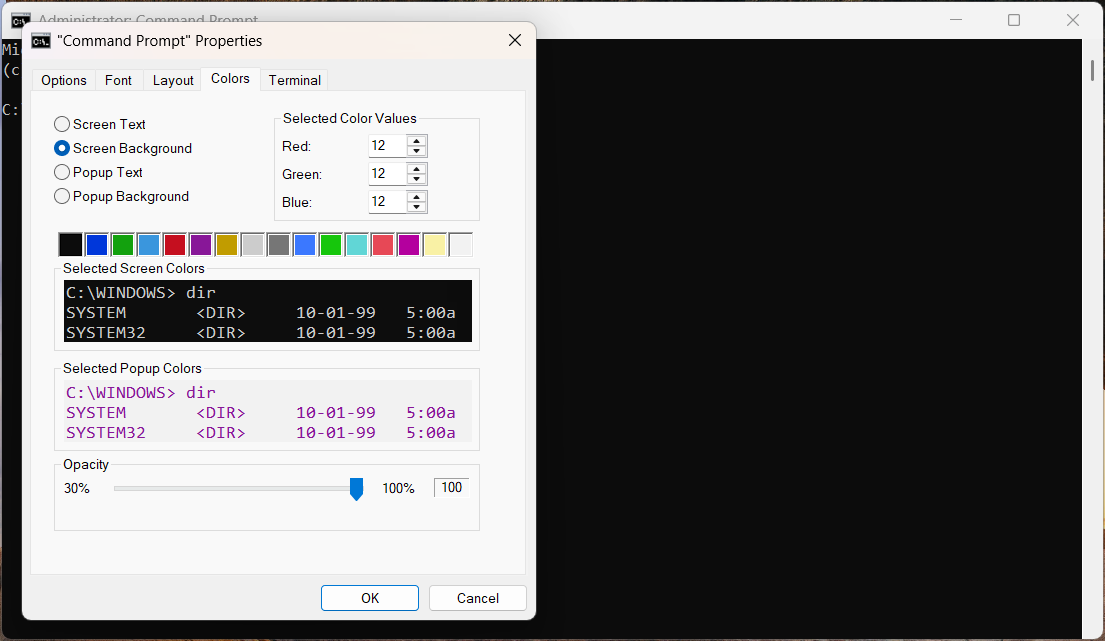 نافذة خصائص CMD على Windows.