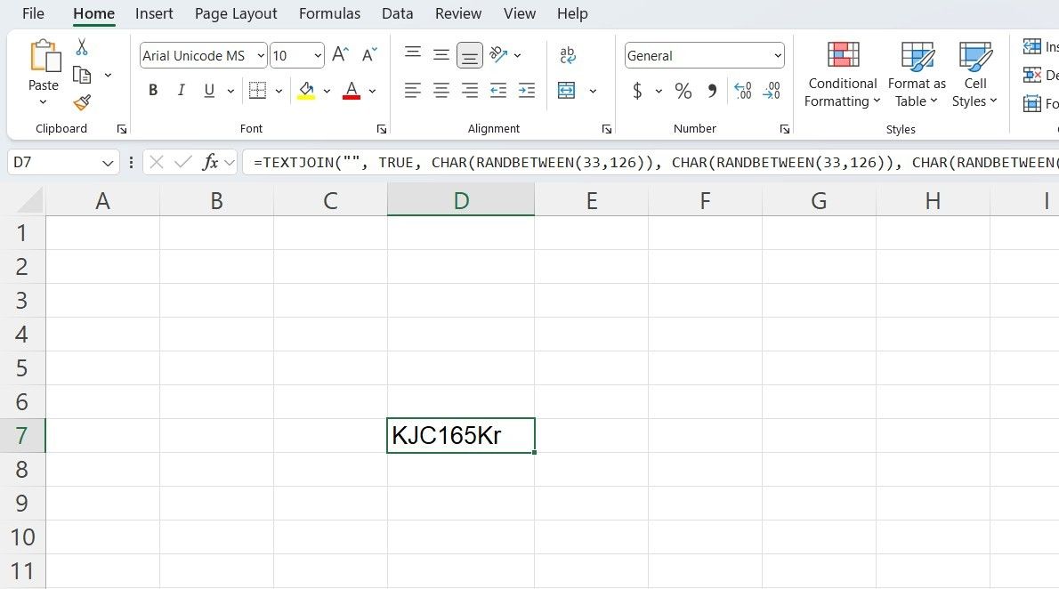 Excel عرض كلمة مرور عشوائية تم إنشاؤها باستخدام الصيغة