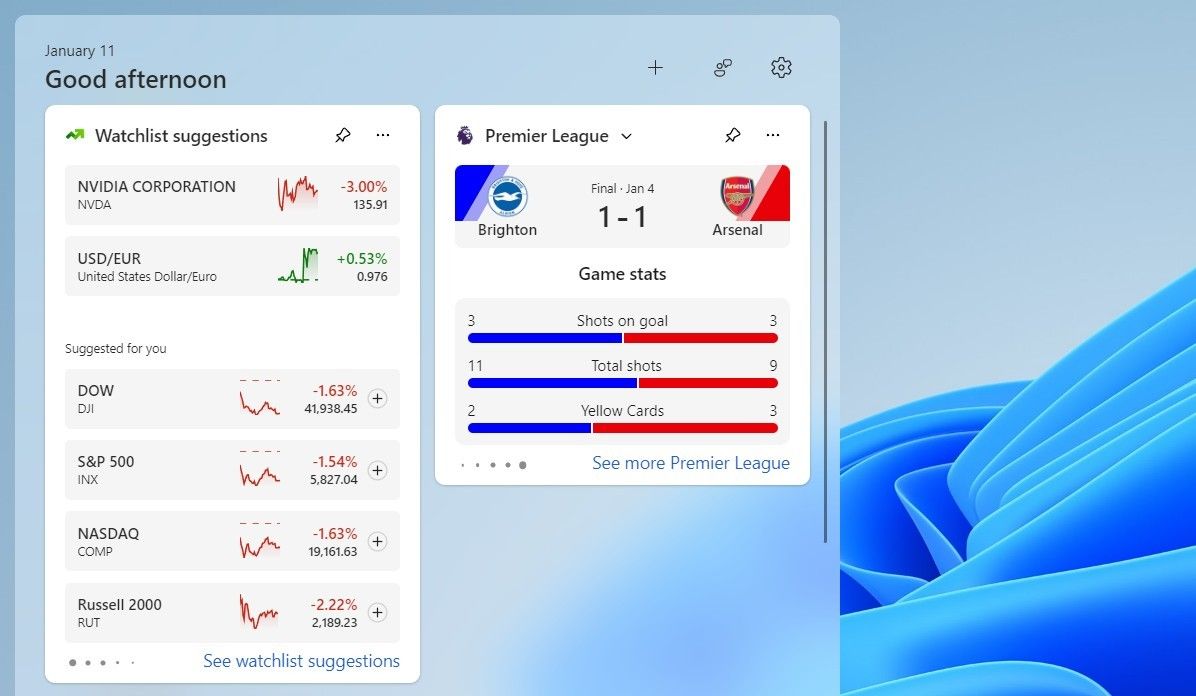 درجة مباراة كرة القدم في لوحة Windows 11 Widgets