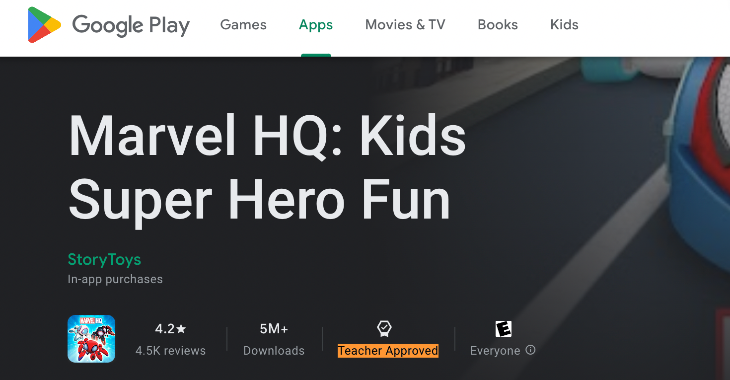 تفاصيل متجر Google Play لتطبيق Kids Marvel تحت عنوان