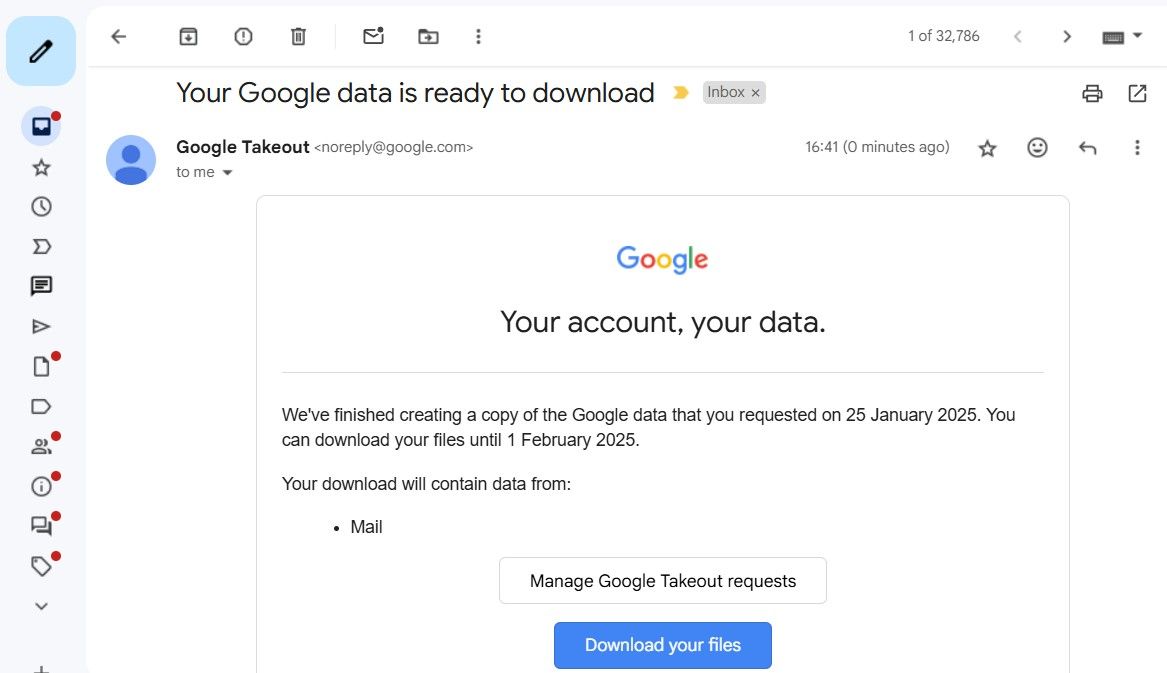 البريد الإلكتروني لـ Google Toughout في Gmail عرض خيار لتنزيل البيانات