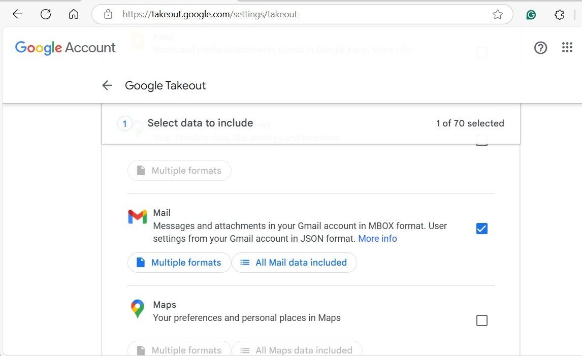 صفحة Google Takeout مع تحديد خيار Gmail