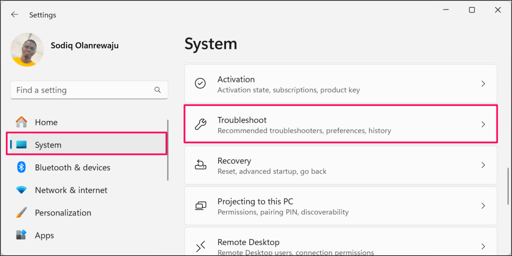 خيار "استكشاف الأخطاء وإصلاحها" في قائمة إعدادات نظام Windows