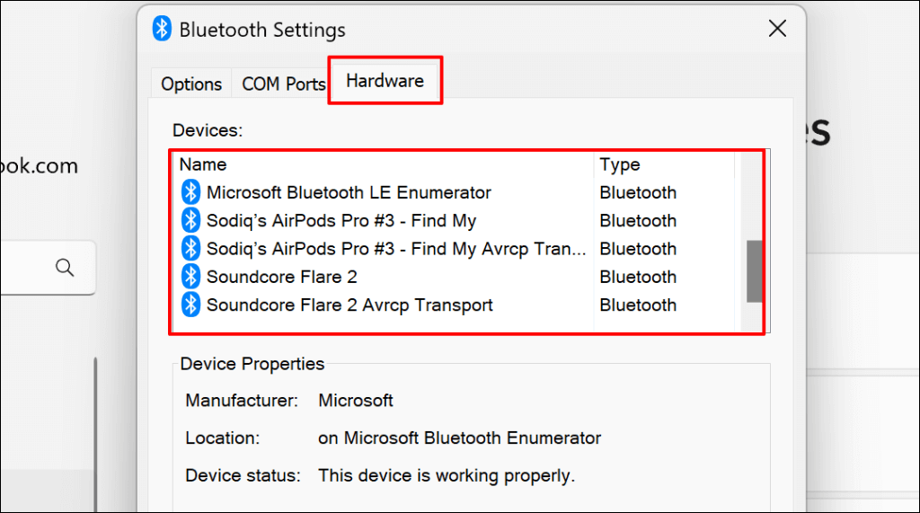 علامة التبويب "الأجهزة" في نافذة إعدادات Bluetooth