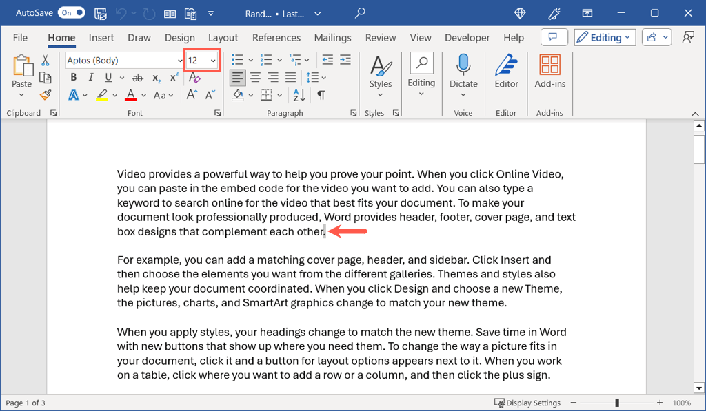 اختيار حجم الخط في Microsoft Word