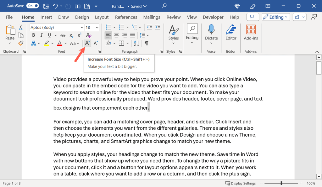 زيادة حجم الخط في Microsoft Word