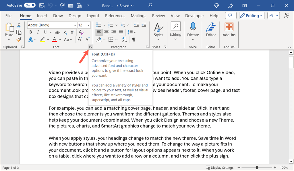 فتح مربع حوار الخط في Microsoft Word