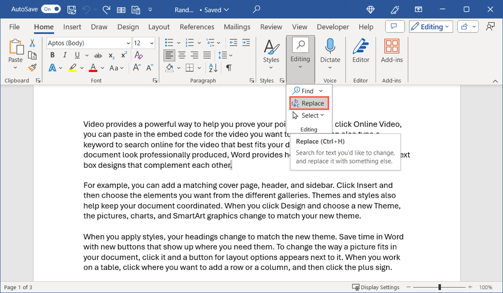 اختيار أمر استبدال في Microsoft Word