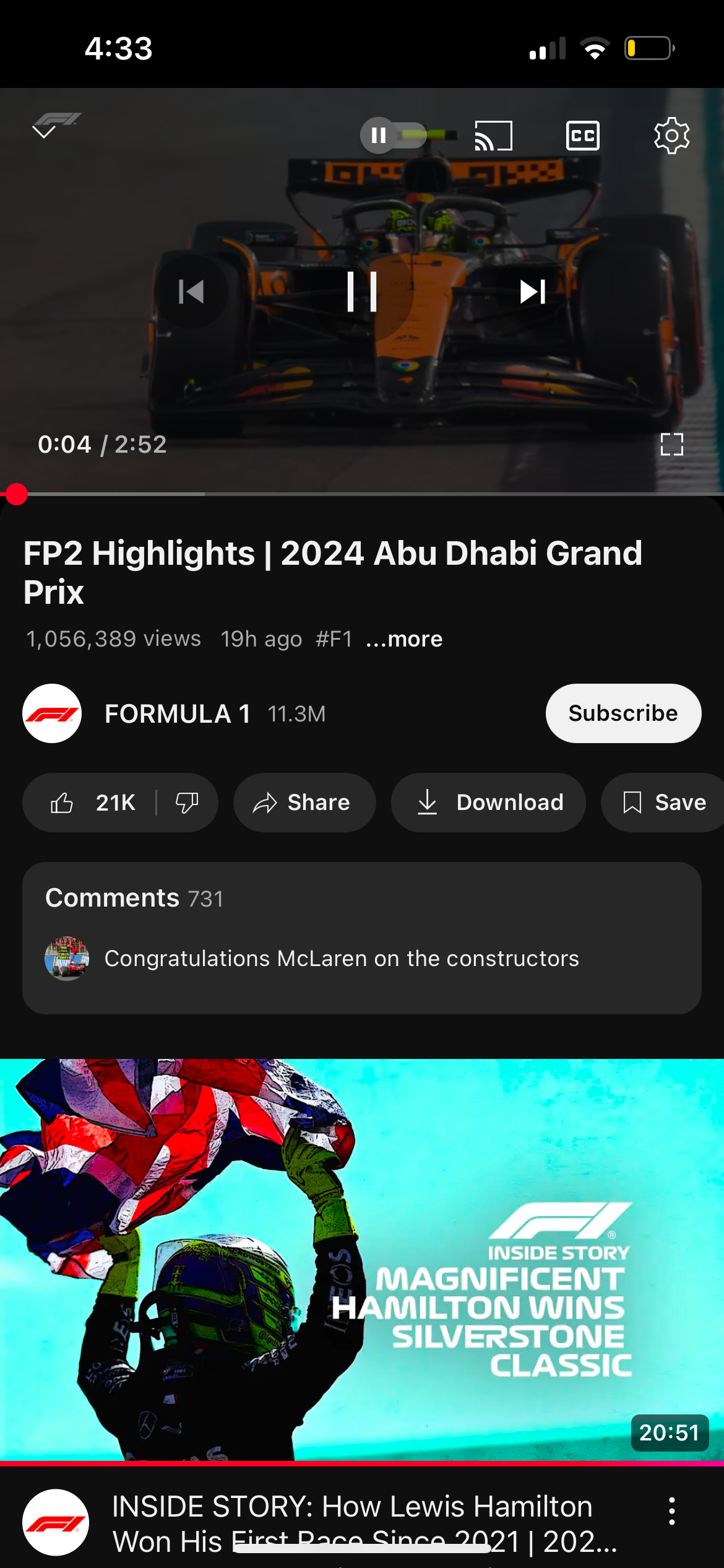 تطبيق youtube iOS يلعب أبرز جلسة F1