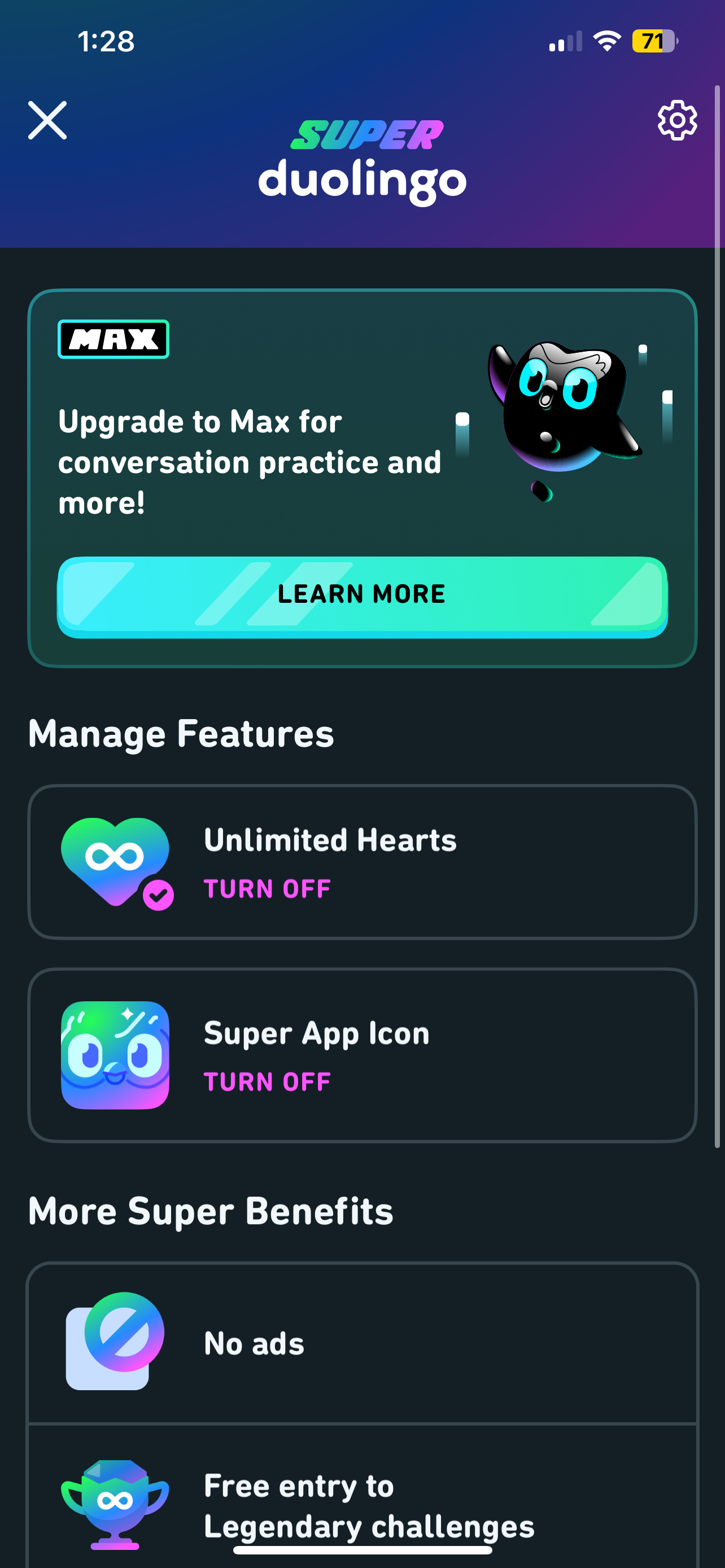 فوائد Super Duolingo بما في ذلك قلوب غير محدودة ، لا إعلانات ، تحديات أسطورية مجانية ، وأيقونة تطبيق خاصة