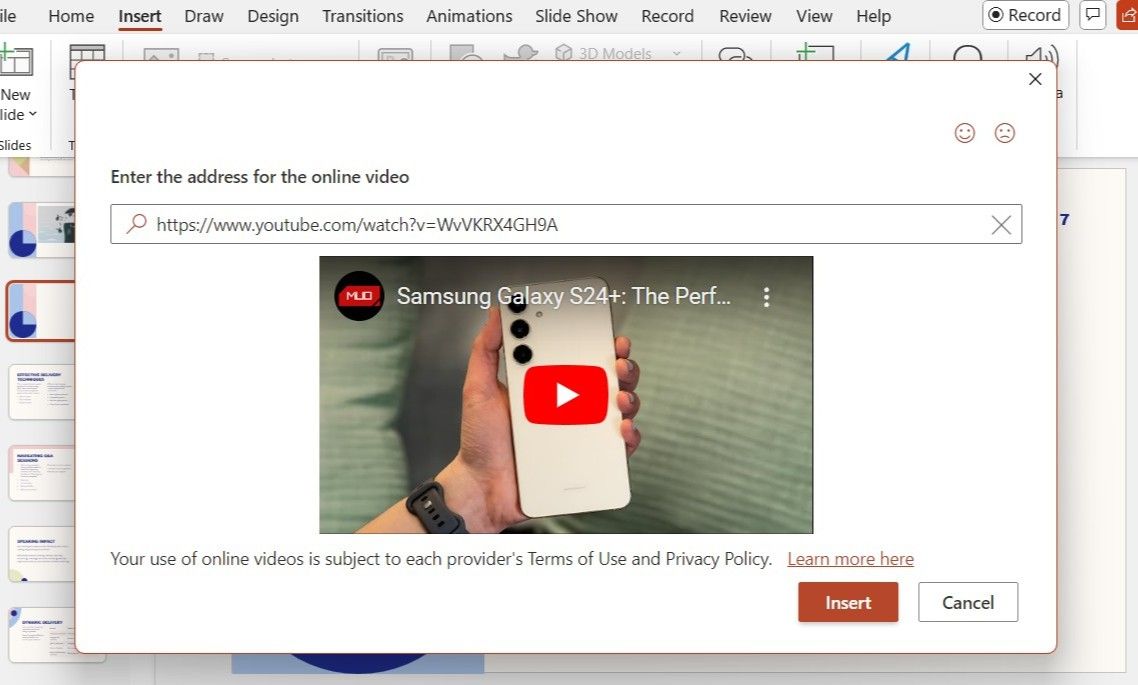 إدراج مربع الحوار في PowerPoint يعرض فيديو YouTube مع عنوان URL