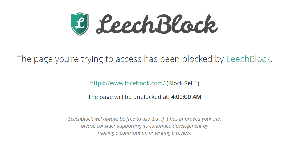 شاشة Block Leechblock في Google Chrome.