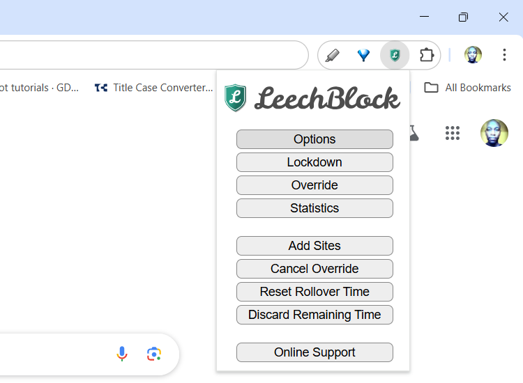 خيارات LeeChblock في Google Chrome.