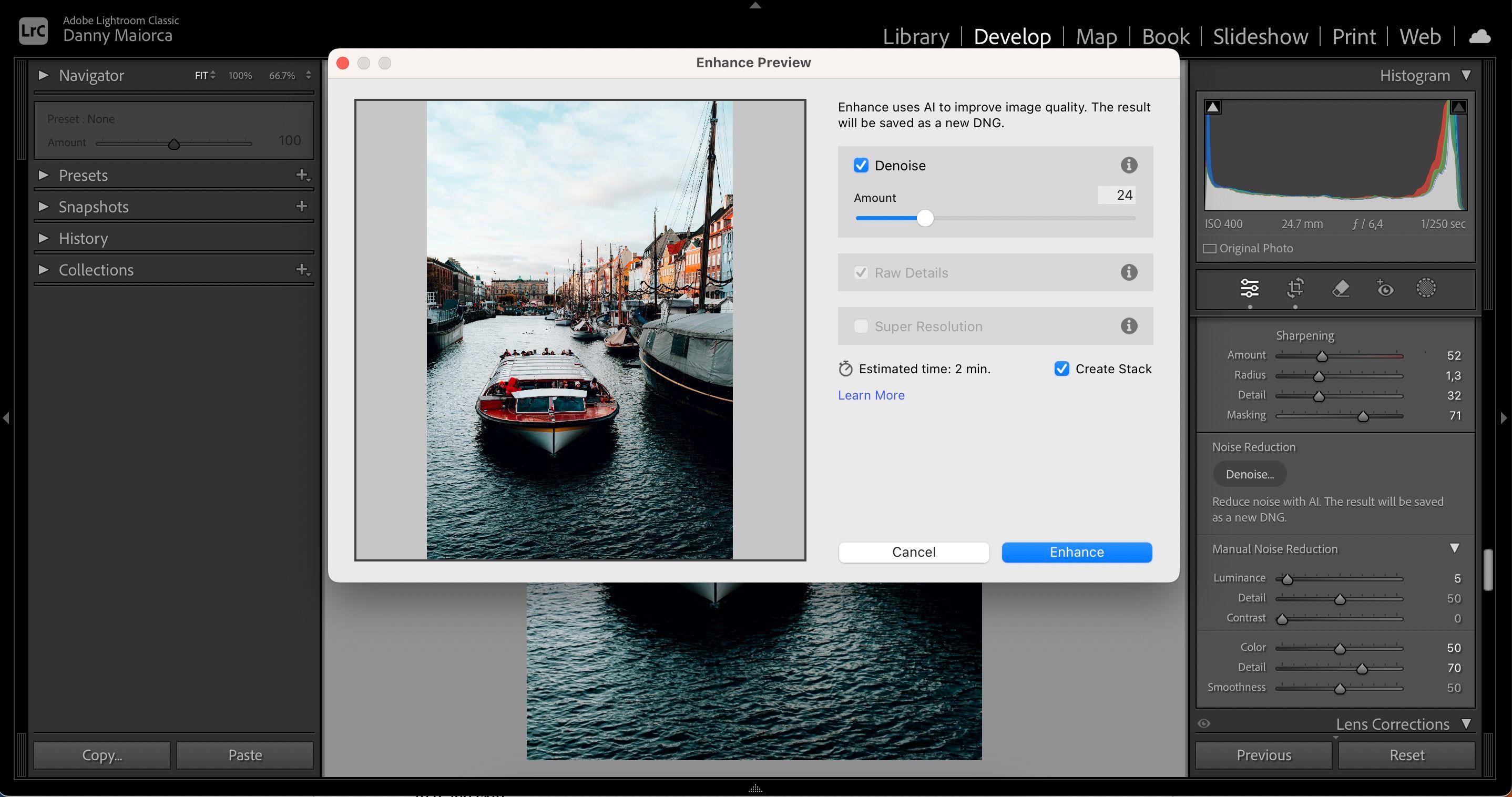 باستخدام أداة Denoise AI في Adobe Lightroom