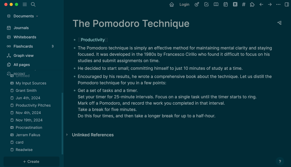 صفحة على تقنية Pomodoro في logseq