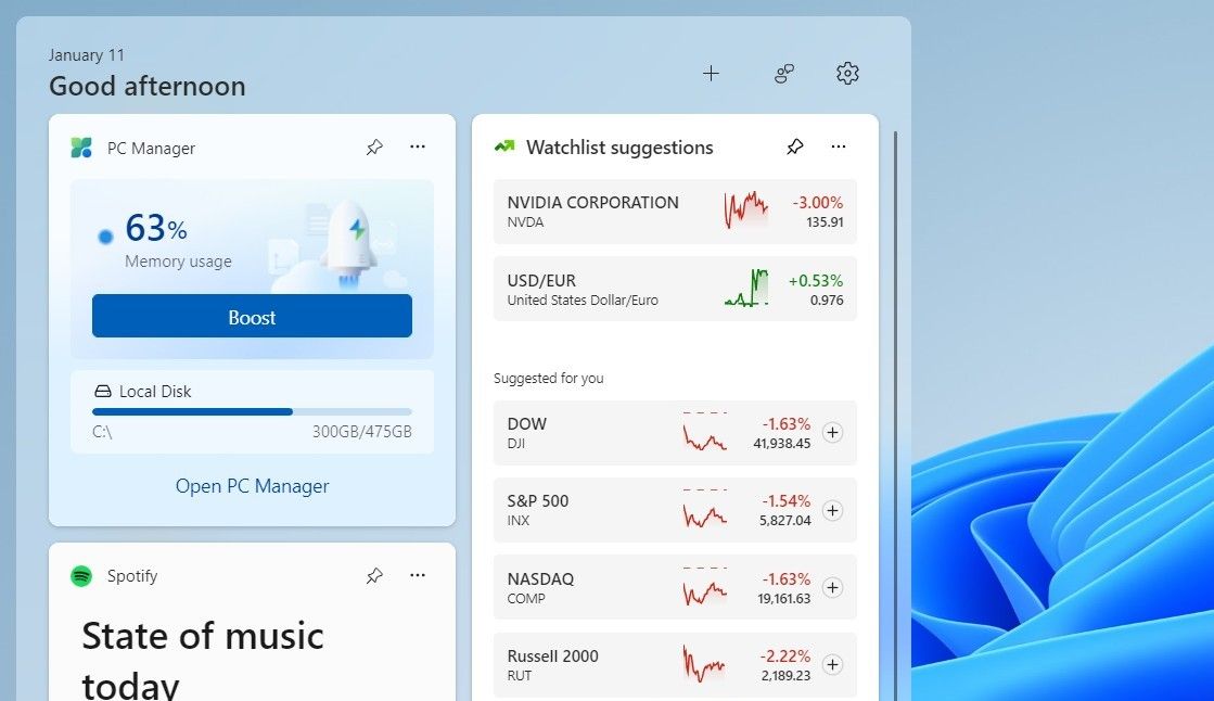 مدير الكمبيوتر في لوحة Windows 11 Widgets