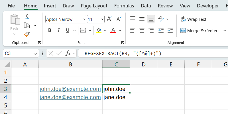 وظيفة regexextract في Excel.