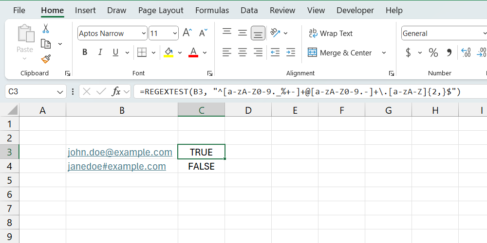 وظيفة regextest في Excel.