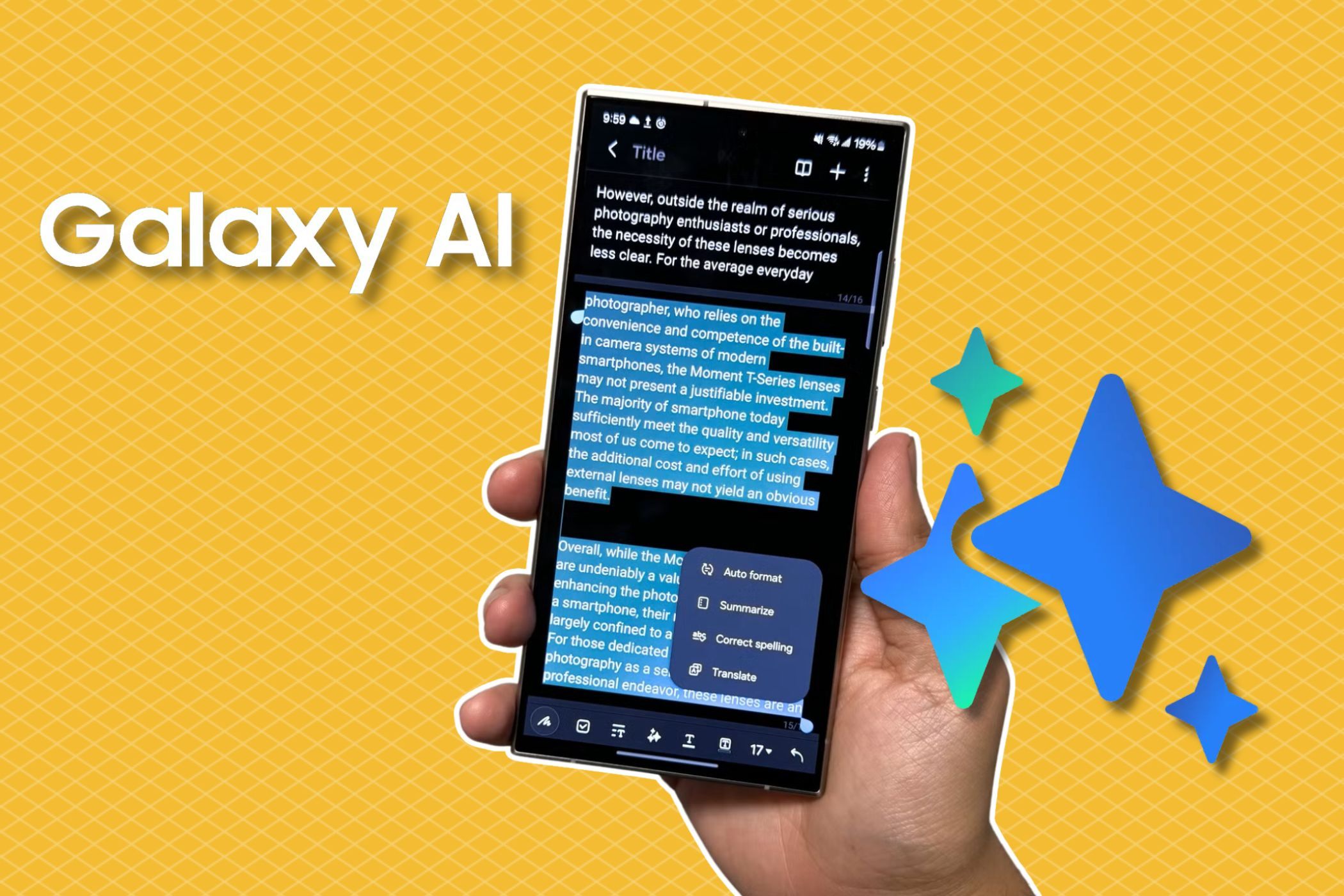 Samsung Galaxy S24 Ultra مع أيقونة Galaxy AI وخلفية التدرج الصفراء