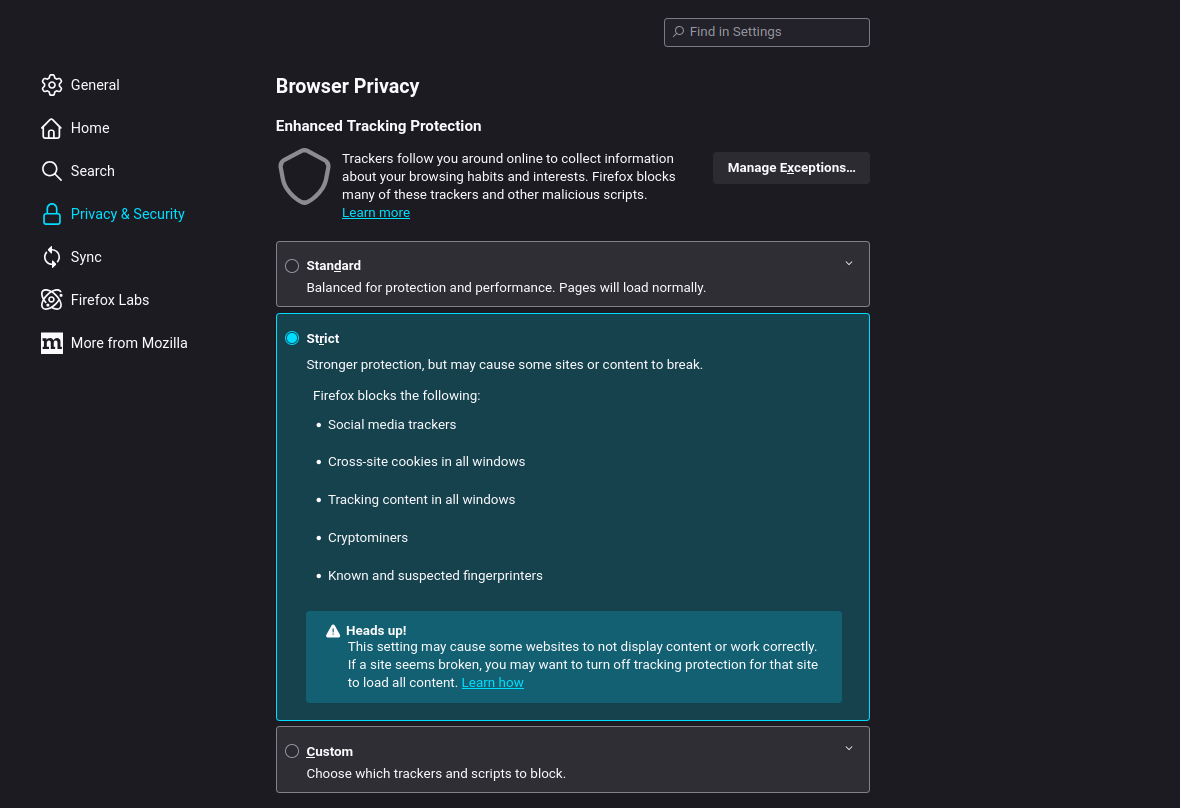 قائمة إعدادات خصوصية Firefox