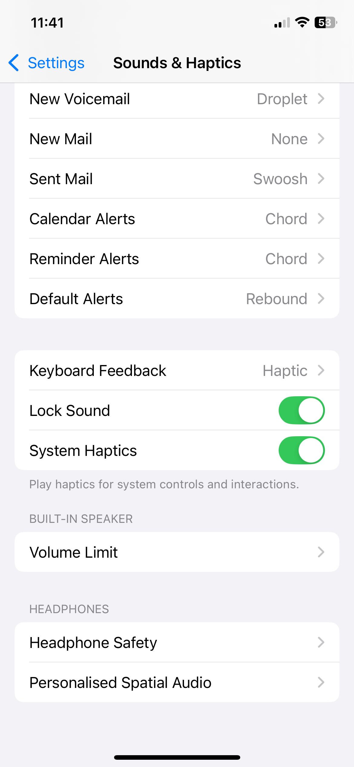 شاشة Sound و Haptics في تطبيق Settings على iPhone.