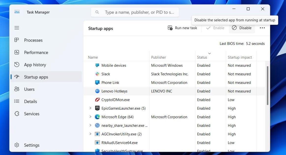 علامة تبويب تطبيقات بدء التشغيل في Windows 11 Task Manager