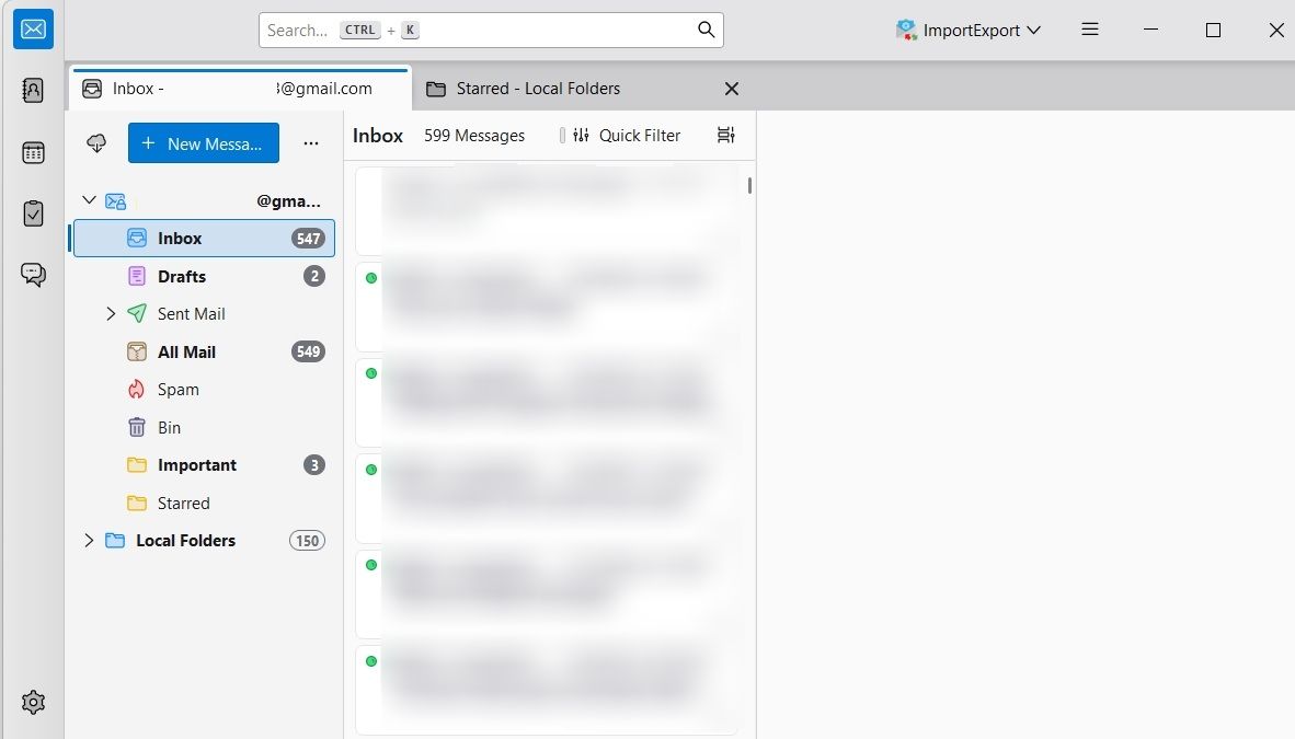 تطبيق Thunderbird الذي يعرض علامة التبويب Gmail و Tab Local Polders