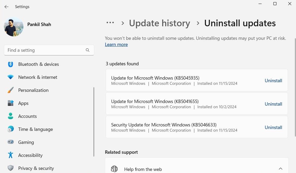 قم بإلغاء تثبيت Windows Update عبر الإعدادات