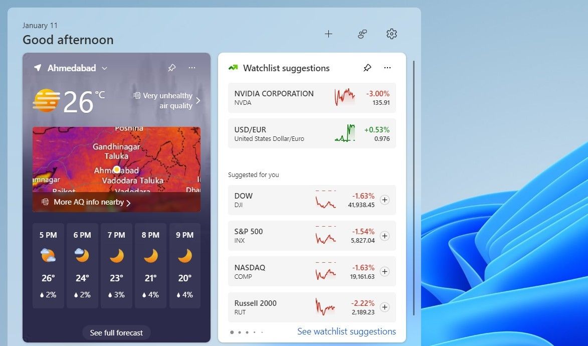 الطقس في لوحة Windows 11 Widgets