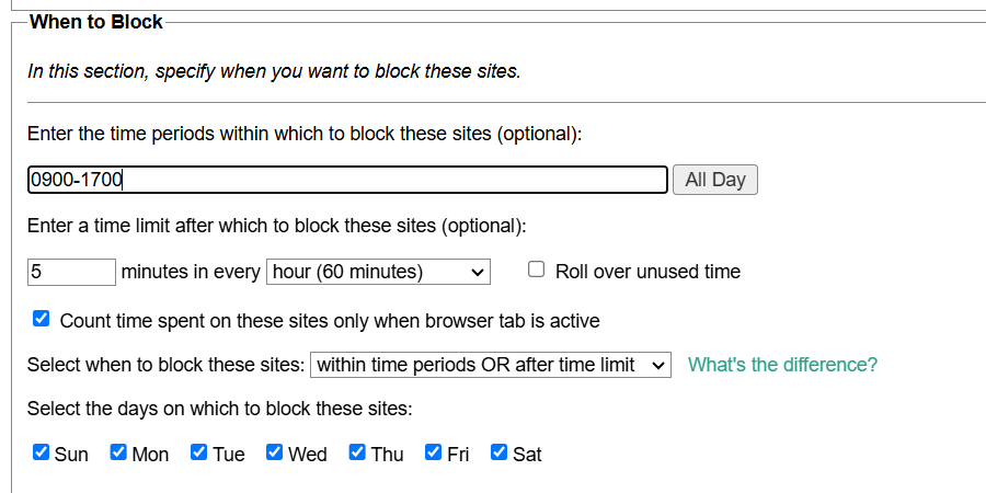 قسم "متى تمنع" من امتدادات leechblock chrome.