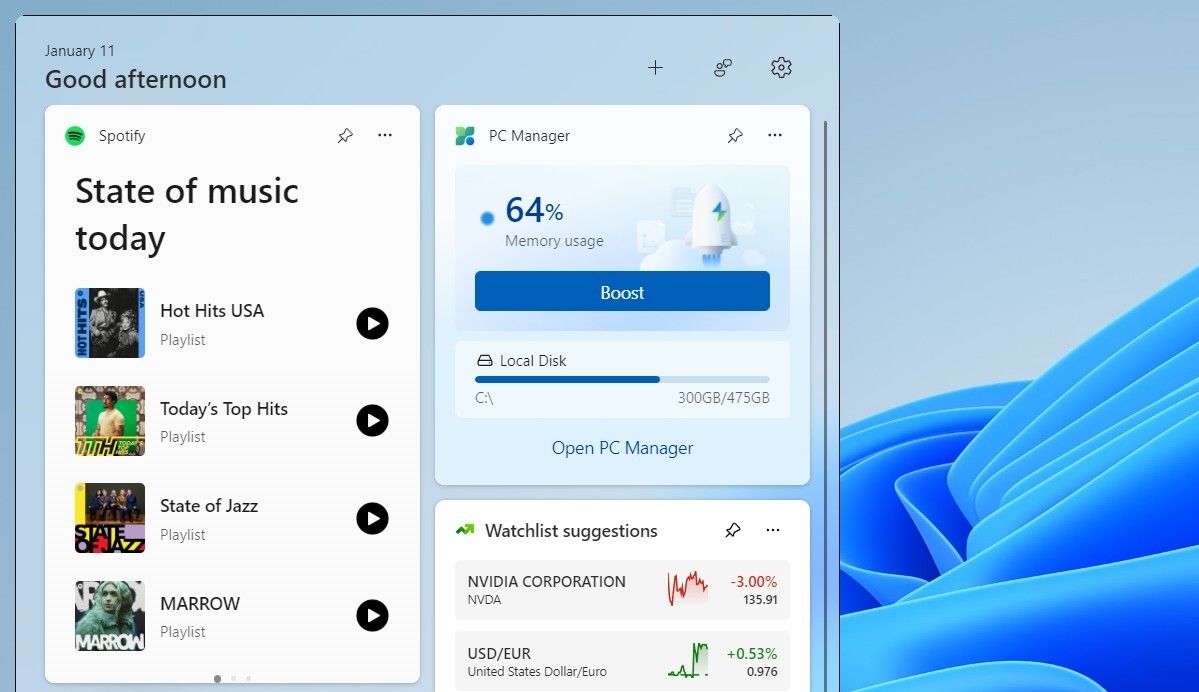 لوحة Windows 11 Widgets تعرض Spotify