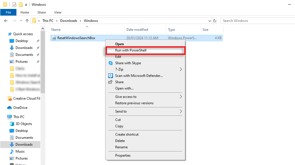 انقر بزر الماوس الأيمن فوق ResetWindowsSearchBox واضغط على Run مع PowerShell