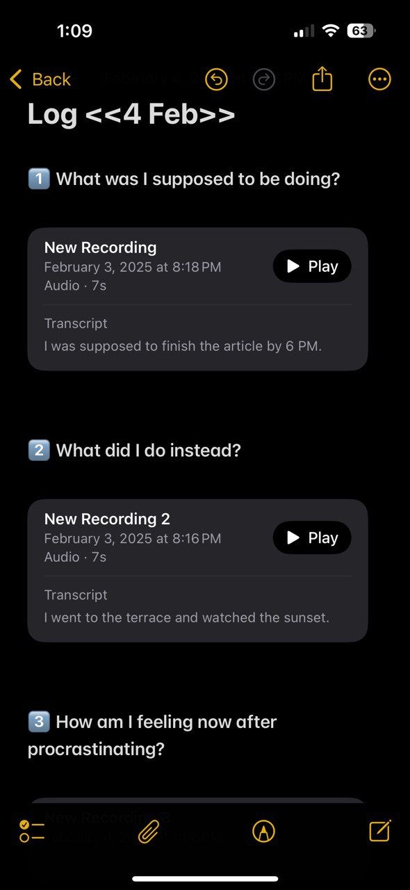 الملاحظات المكتوبة في مجلة Apple Notes Procrastination Journal