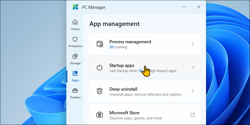 تفتح علامة تبويب التطبيقات في Microsoft PC Manager على Windows 11