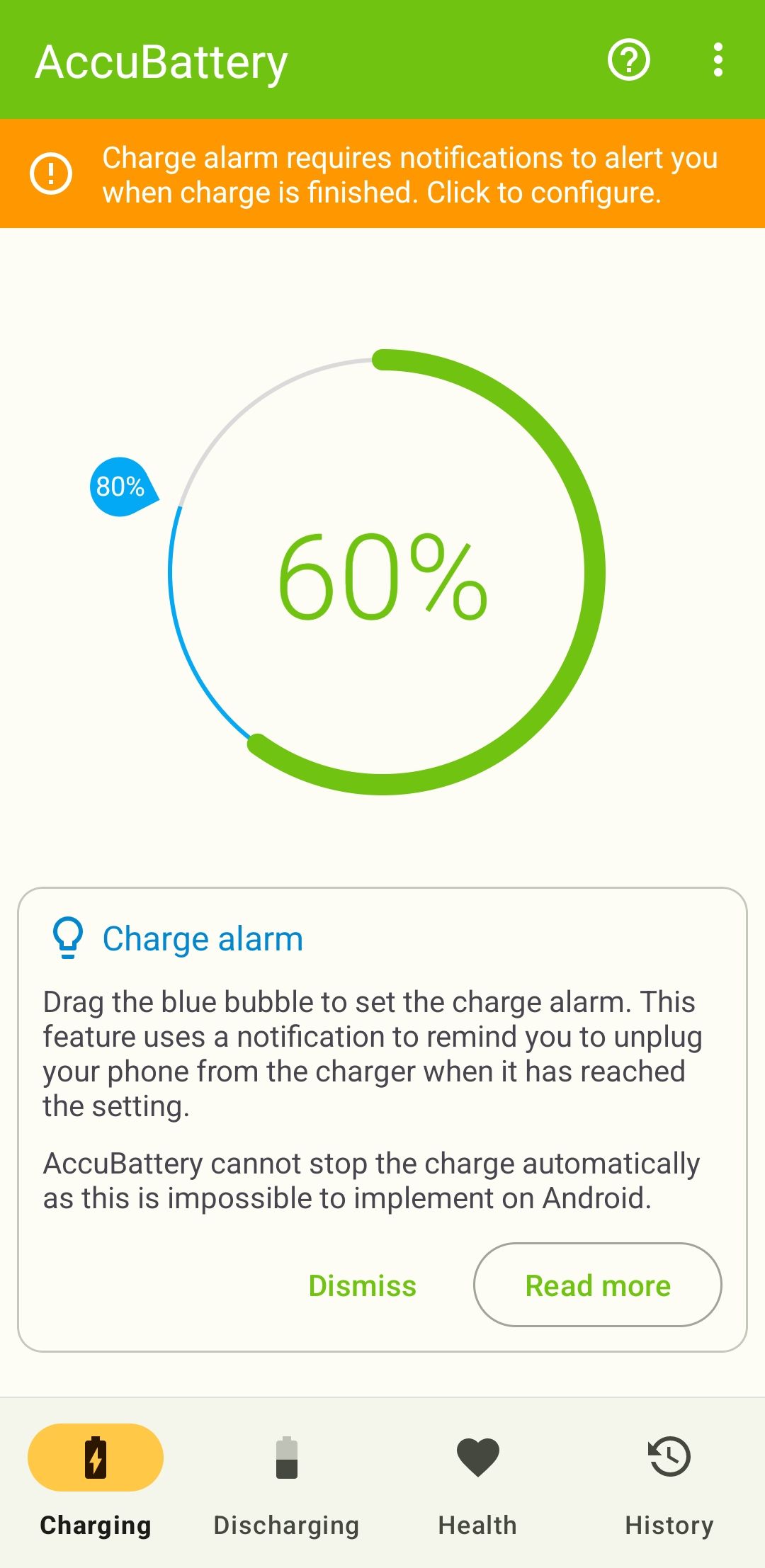 شحن علامة التبويب في تطبيق Accubattery على Android