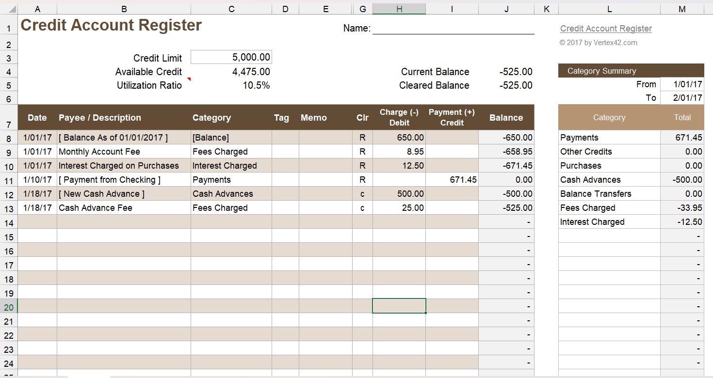 سجل حساب الائتمان excel قالب.