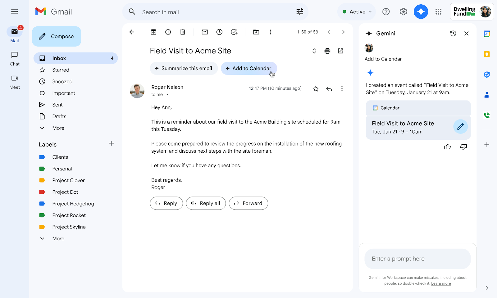 ميزة Gmini من Gmail تسمح للمستخدم بإضافة حدث سريع إلى التقويم الخاص بهم