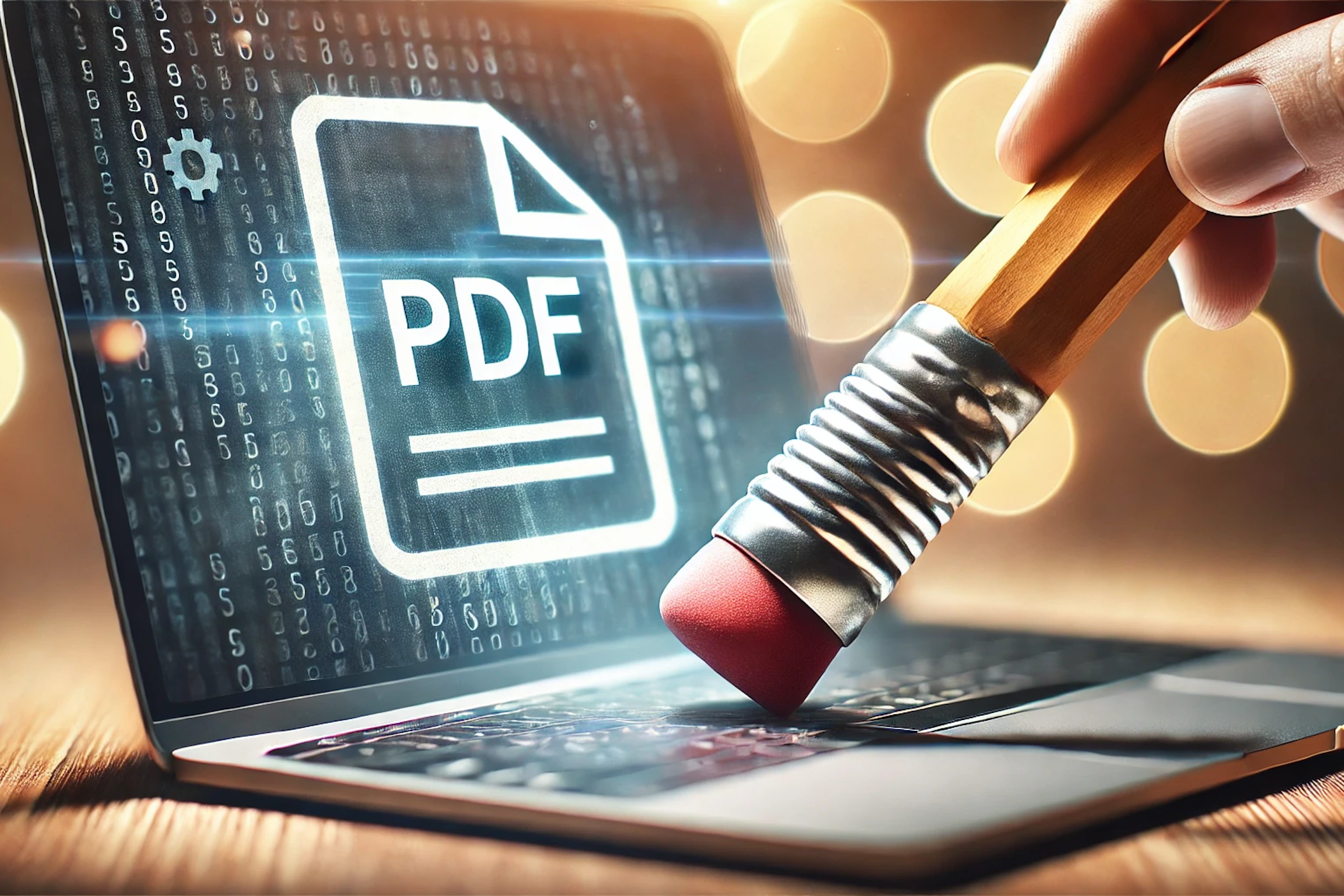 شخص ما يمحو لوحة المفاتيح مع شعار PDF على الشاشة