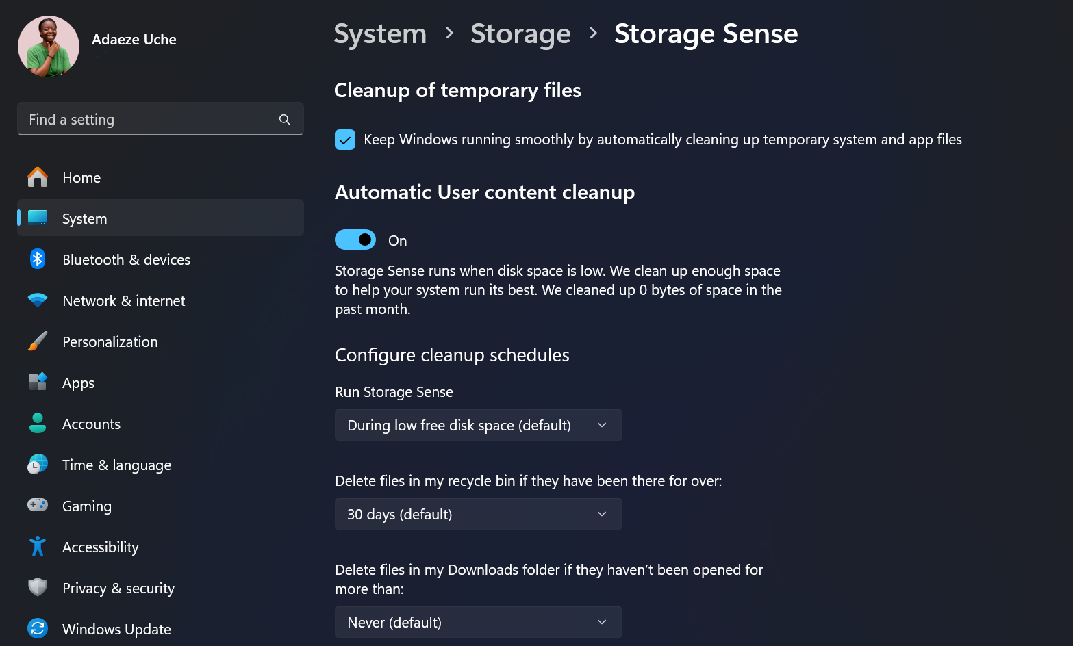 صفحة STORAGE SENSE في تطبيق إعدادات Windows