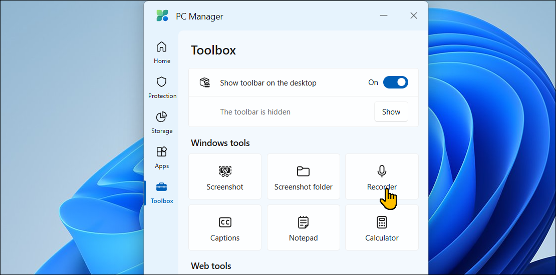 تفتح علامة التبويب Toolbox في Microsoft PC Manager على Windows 11