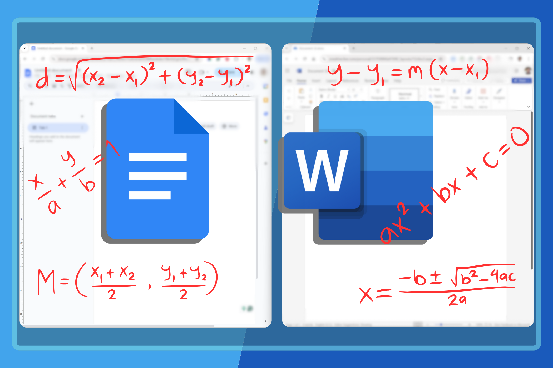 نافذة Word بجانب نافذة مستندات Google مع شعاراتها ومعادلاتها.