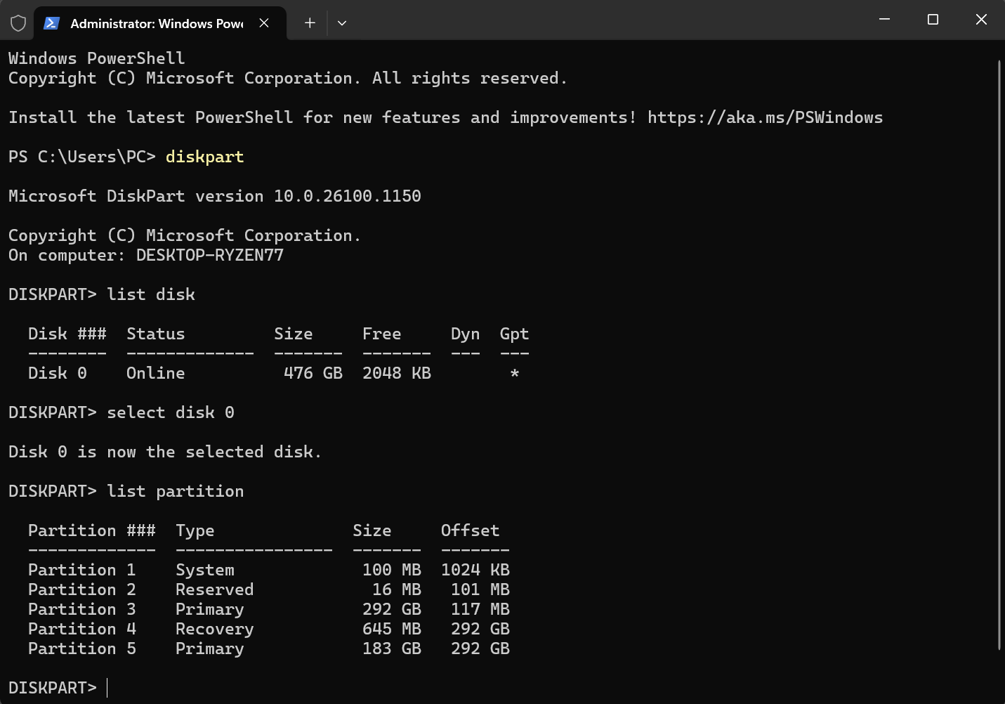 محطة Windows PowerShell تعرض قائمة الأقسام