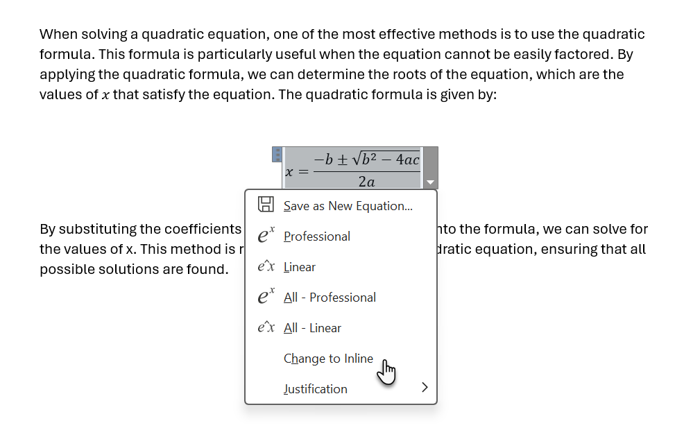 عرض معادلة مضمنة في Microsoft Word