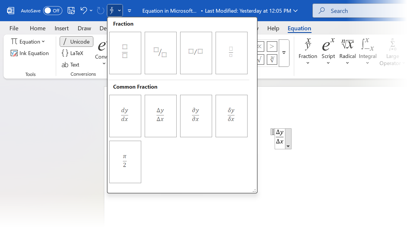 زر معادلة Word Quick Access