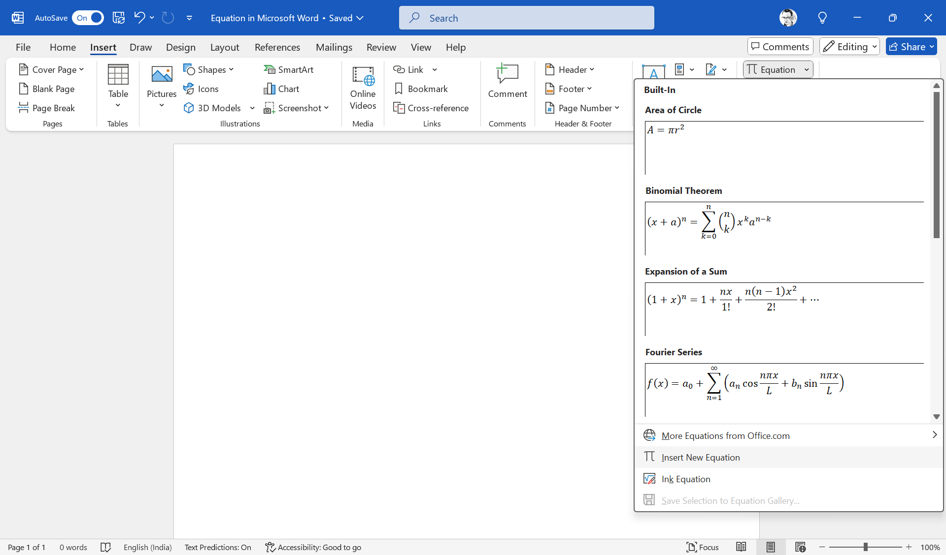 معادلة Microsoft Word